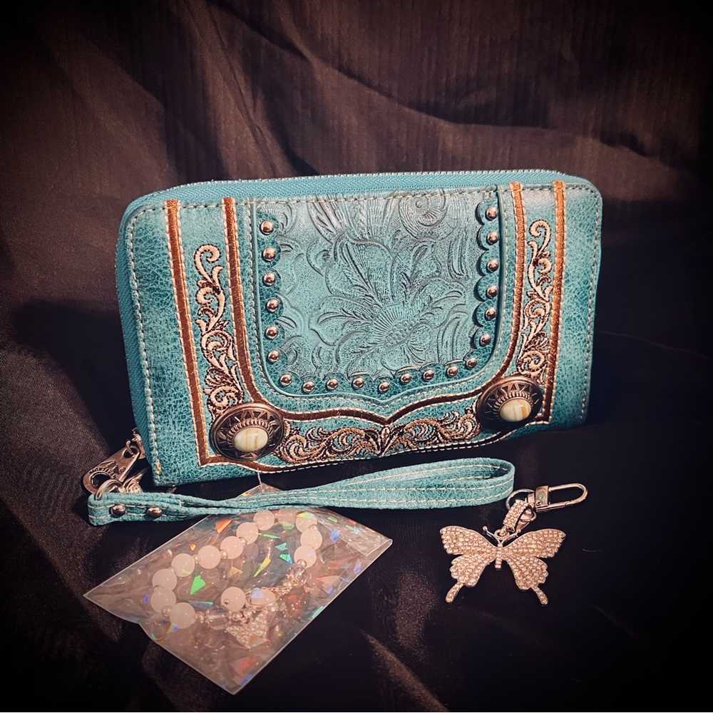 Montana West Teal and Silver Zipper Wristlet with Butterfly Accessory BUNDLE